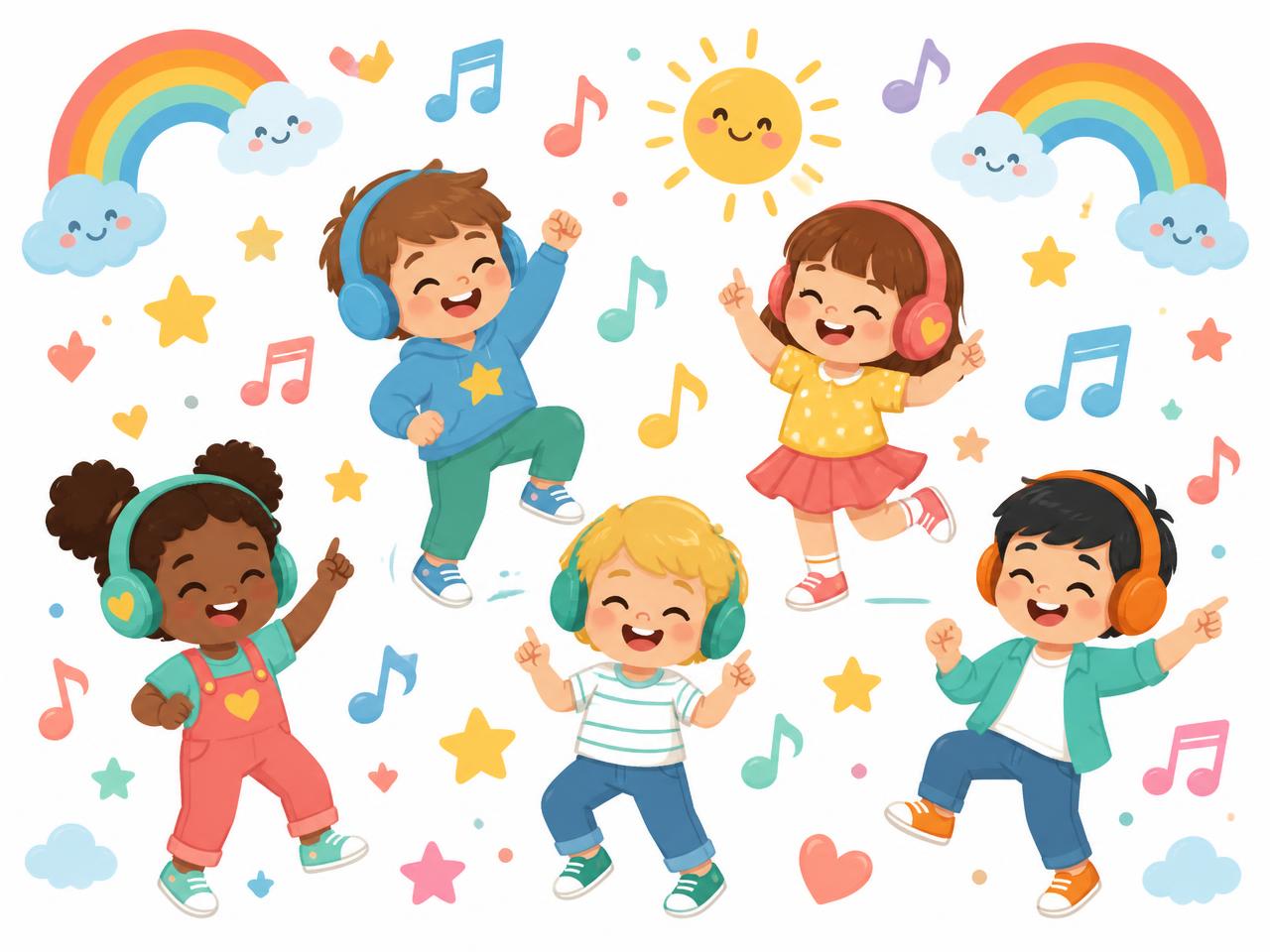 Illustrated children wearing headphones dancing among music notes, stars and clouds